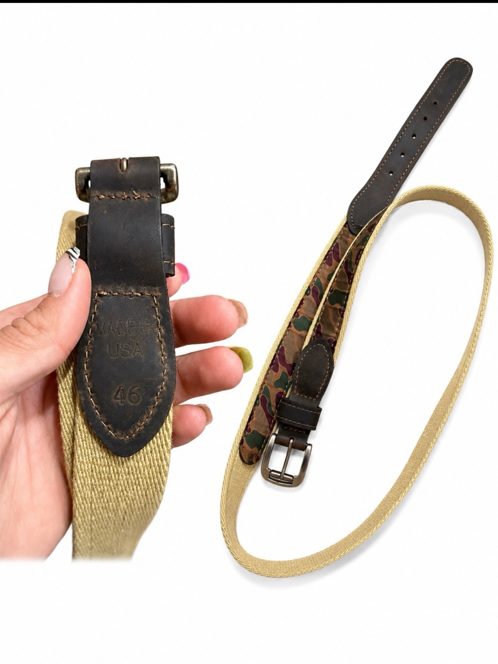 Canvas and Leather Men's Belt with Camo Accent - Brown/Tan